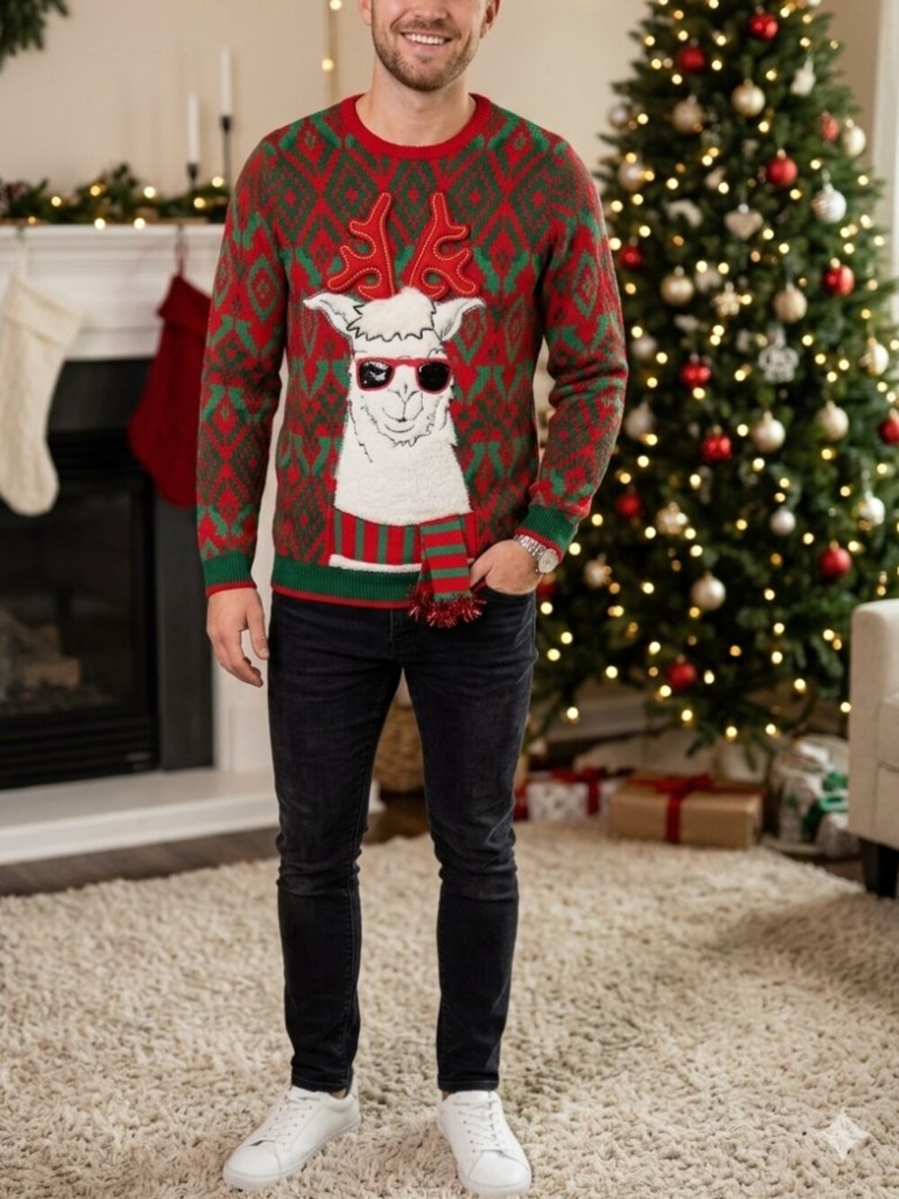 Holiday Time Men's Llama Ugly Festive Christmas Knit Fair Isle Sweater S Red